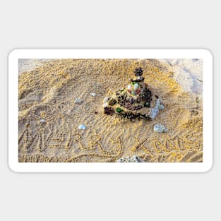 Merry Christmas letters in sand with Santa Claus on beach 2 Sticker